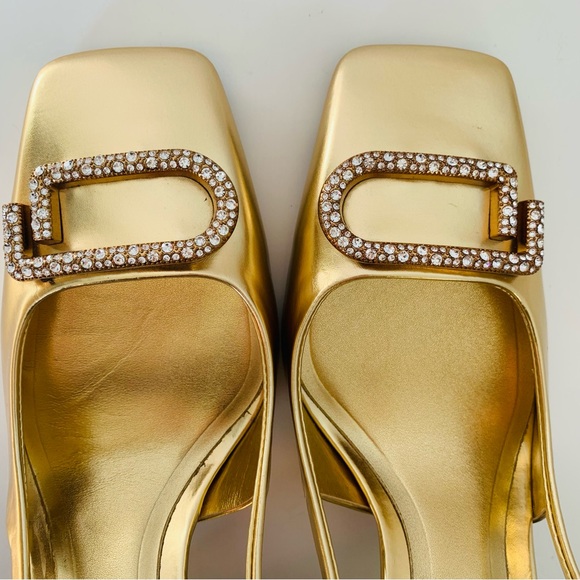 ZARA Embellished Block Heel Slingback Shoes Gold - Picture 14 of 15